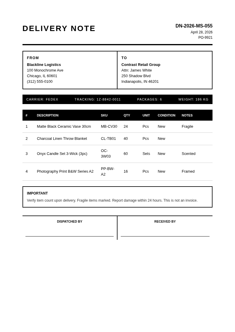 Monochrome stark delivery note